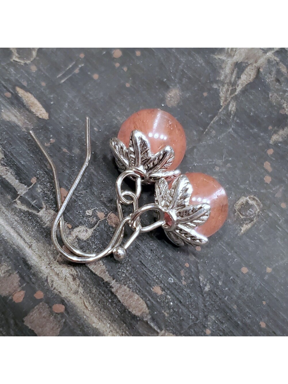 Cherry Quartz Gemstone Dangle Silver Platinum Plated Artsy Leaf Capped Earrings - Picture 2 of 11